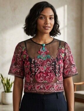Make Me Chic Embroidered Mesh Top Black/Multi Color Size M